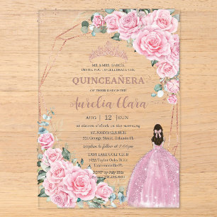 Quinceanera 16th Pink Floral Princess Rose Gold Acrylic Invitations