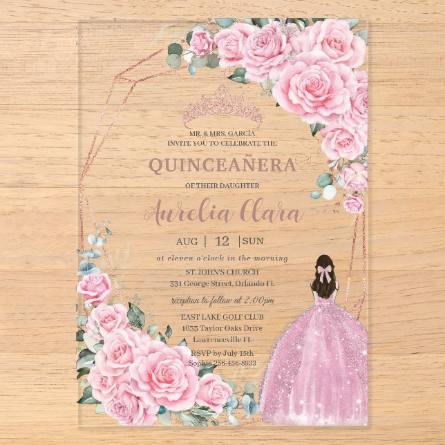 Quinceanera 16th Pink Floral Princess Rose Gold Acrylic Invitations (Front)