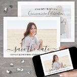 Quinceañera 2 Photo Elegant Script 15th Birthday Save The Date<br><div class="desc">Share the joyful news of an upcoming Quinceañera celebration with chic 2 photo save the date invitations. The pictures and all wording on this template are simple to personalize. The colours, font styles and overlay opacity can be easily customized with the Zazzle Design Editor tool. The modern minimalist black and...</div>
