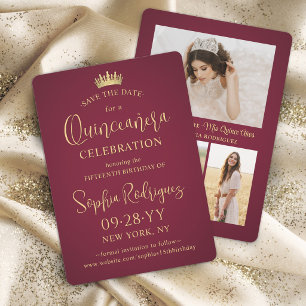 Quinceañera 3 Photo Collage Burgundy & Gold Crown Save The Date