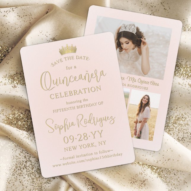 Quinceañera 3 Photo Collage Chic Blush Pink & Gold Save The Date (Creator Uploaded)