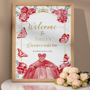 Quinceanera Affiche de bienvenue Robe Rouge Or Flo