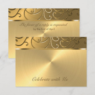 Quinceanera All Gold Filigree Swirl Border RSVP Card