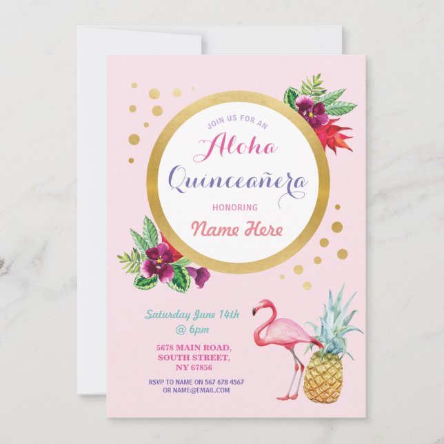 Quinceanera Aloha Flamingo Birthday Party Invite (Front)