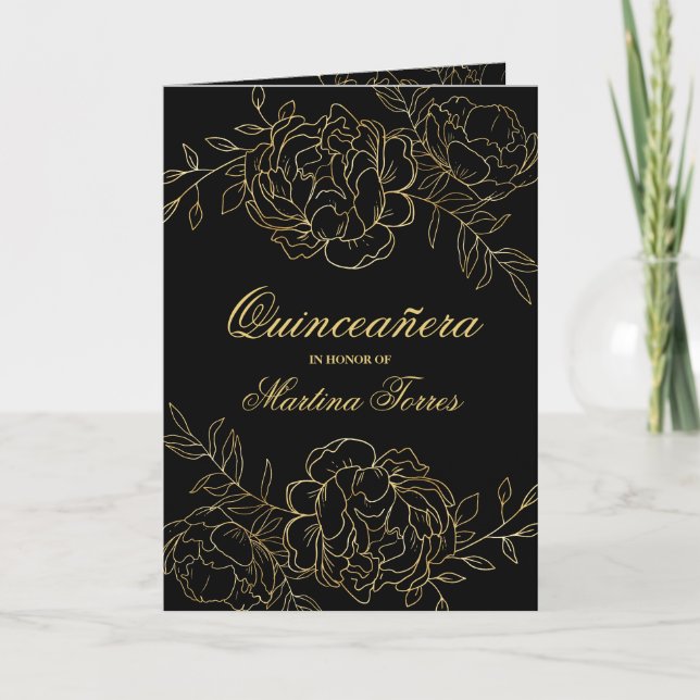 Quinceanera and Mass Black and Gold Floral Invitation (Front)