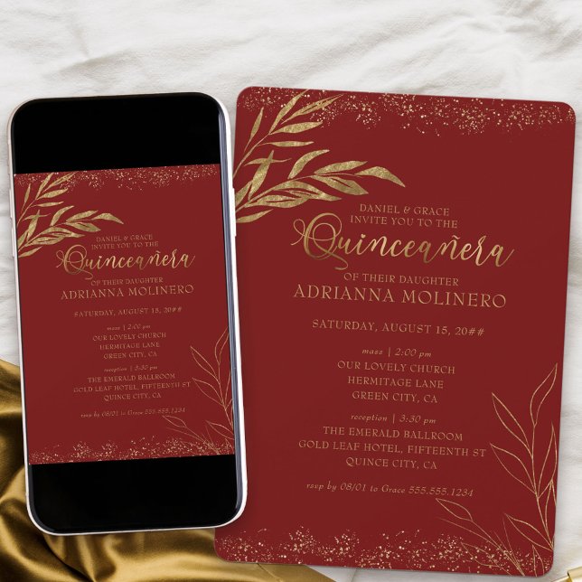 Quinceanera and Mass Red and Gold Leaf Invitation (Elegant invitation to Quinceanera and church ceremony in red and gold from my Gold Leaf Collection)