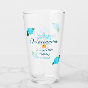 Quinceanera anos 15th birthday blue rose crown art glass