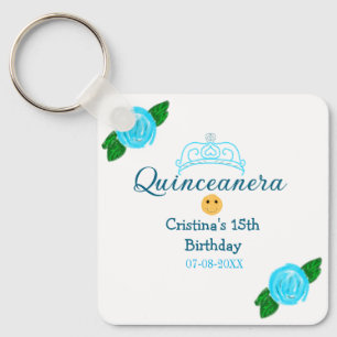Quinceanera anos 15th birthday blue rose crown art keychain