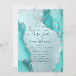 Quinceanera, Aqua Blue Agate Faux Silver Confetti Invitation