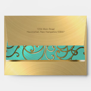Quinceanera Aqua Green and Gold Filigree Swirls Envelopes
