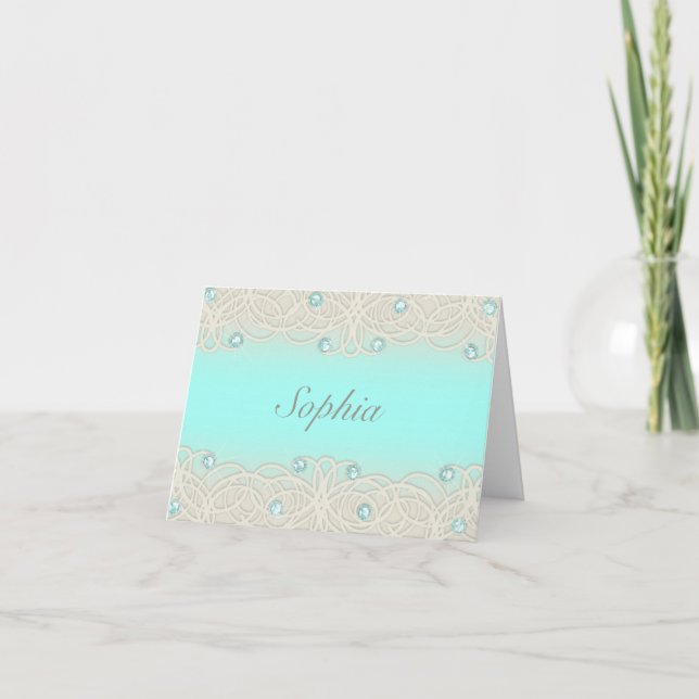 Quinceanera Aqua Sparkle and Lace Note Card (Front)