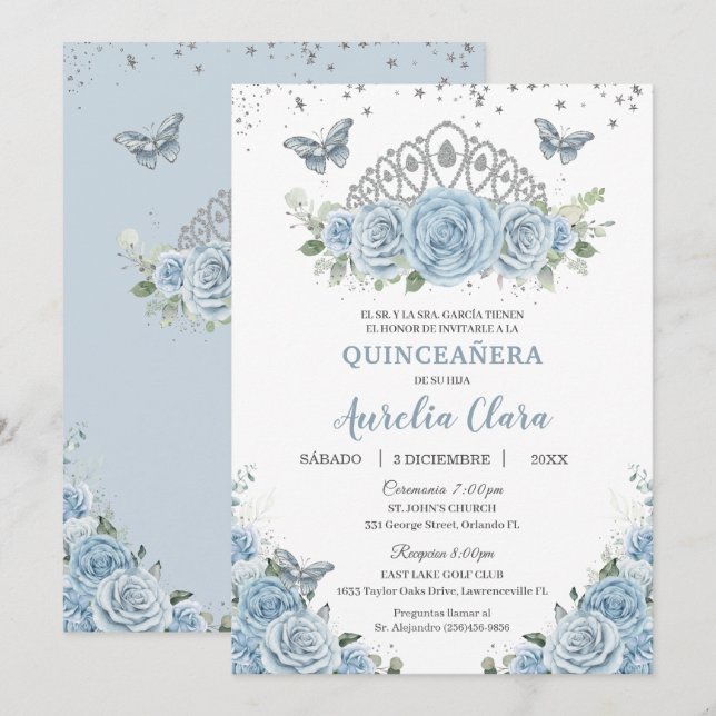 Quinceañera Baby Blue Floral Silver Crown Español Invitation (Front/Back)