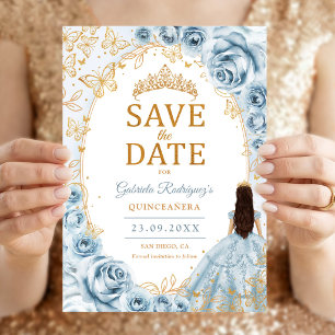 Quinceanera Baby Blue Gold Floral Save The Date