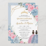 Quinceañera Baby Blue Pink Floral Roses Twins Invitation<br><div class="desc">Personalize this lovely quinceañera invitation with own wording easily and quickly,  simply press the customize it button to further re-arrange and format the style and placement of the text.  Matching items available in store!  (c) The Happy Cat Studio</div>