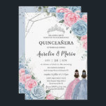 Quinceañera Baby Blue Pink Floral Twins Silver Invitation<br><div class="desc">Personalize this lovely quinceañera invitation with own wording easily and quickly,  simply press the customize it button to further re-arrange and format the style and placement of the text.  Matching items available in store!  (c) The Happy Cat Studio</div>