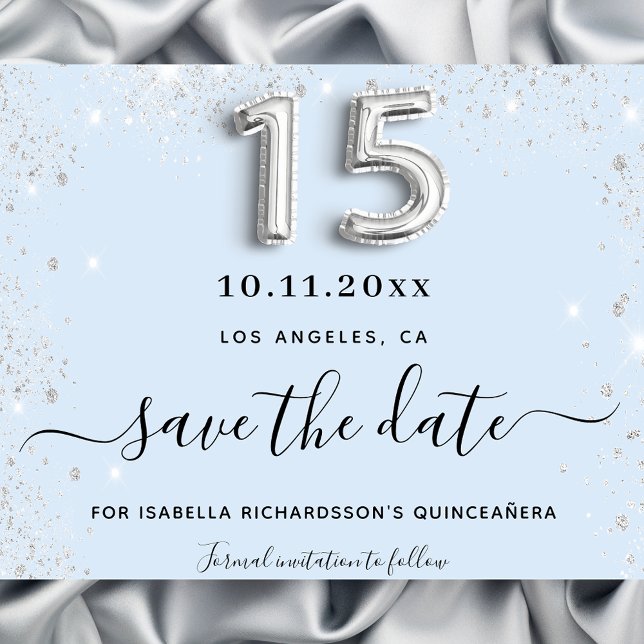 Quinceanera baby blue silver budget save the date flyer (Creator Uploaded)