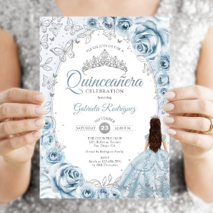 Quinceanera Baby Blue Silver Floral Invitation