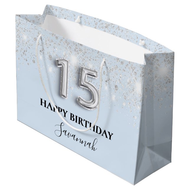 Quinceanera baby blue silver glitter dust large gift bag (Back Angled)