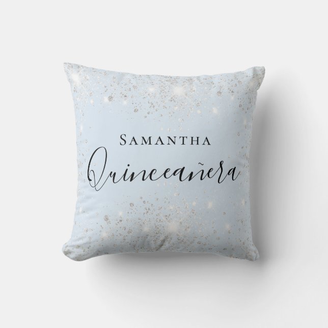 Quinceanera baby blue silver glitter dust name  throw pillow (Front)