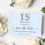 Quinceanera baby blue silver glitter party save the date<br><div class="desc">A girly and trendy Save the Date for a Quinceañera,  15th birthday party. Ababy blue background decorated with faux glitter dust. Personalize and add a date and name/age. The text: Save the Date is written with a large trendy hand lettered style script.  Number 15 with a balloon style font.</div>