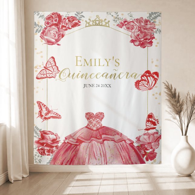 Quinceanera Backdrop Red Dress Floral Gold Foil Tapestry (Creator Uploaded)