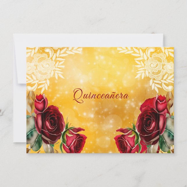  Quinceanera Beautiful Red Roses Lace and Gold   Invitation (Front)