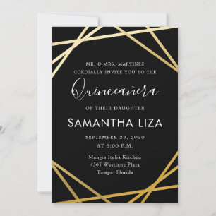 Quinceañera Birthday Black Gold Modern  Invitation