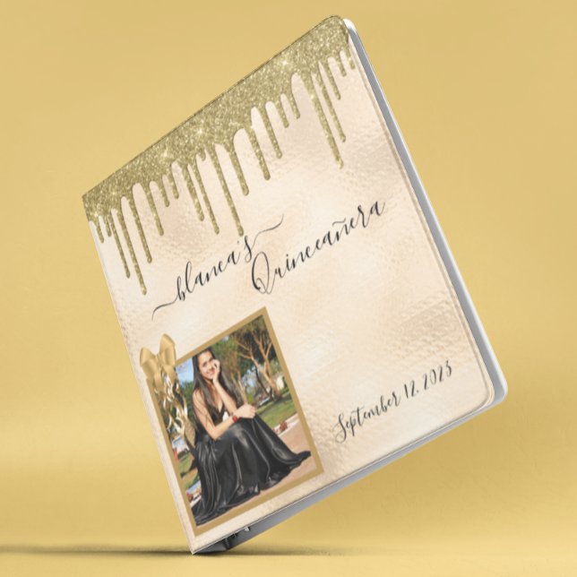 Quinceanera Birthday Gold Glitter Drips Champagne  Binder (Creator Uploaded)