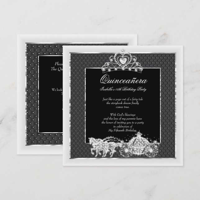 Quinceanera Birthday Horse Carriage Black Silver Invitation (Front/Back)