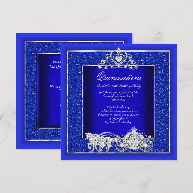 Quinceanera Birthday Horse Carriage Royal Blue Invitation (Front/Back)