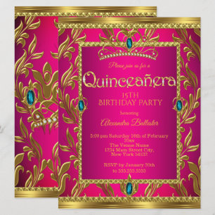 Quinceanera Birthday Hot Pink Teal Blue Tiara Gold Invitation
