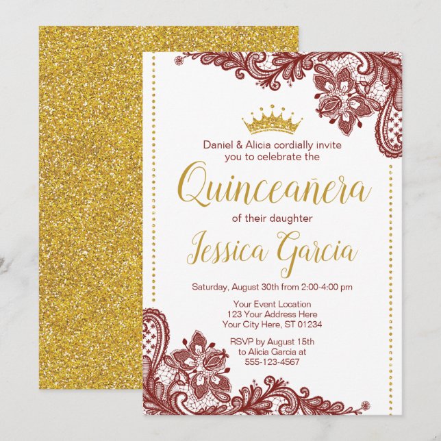 Quinceañera Birthday Invitation | Dark Red & Gold (Front/Back)