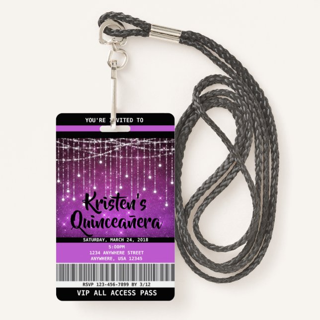 Quinceanera Birthday Invitations, Sweet 16 Invite Badge (Front with Lanyard)