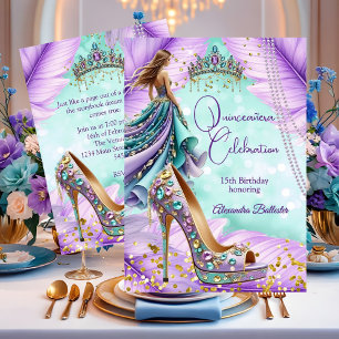 Quinceanera Birthday Lilac Teal Tiara Gold Heel Invitation