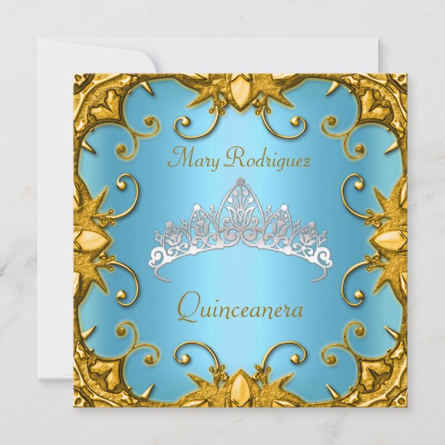 Quinceanera Birthday Party Blue Gold White Tiara Invitation (Front)
