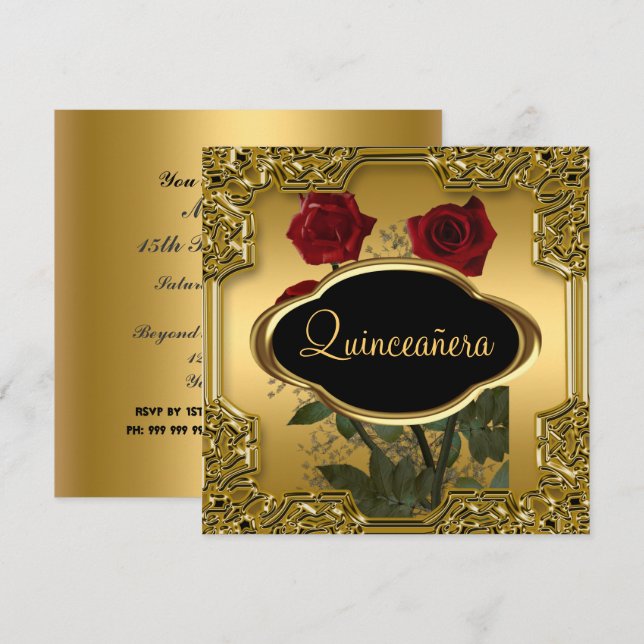 Quinceanera Birthday Party  Gold Invitation (Front/Back)