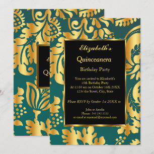 Quinceanera Birthday Party Gold Teal black floral Invitation