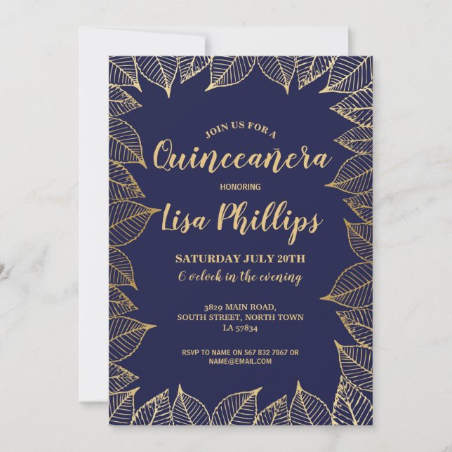Quinceanera Birthday Party Navy Gold Fall Invitation (Front)