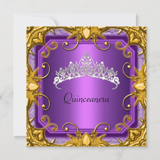 Quinceanera Birthday Party Purple Gold White Tiara Invitation (Front)