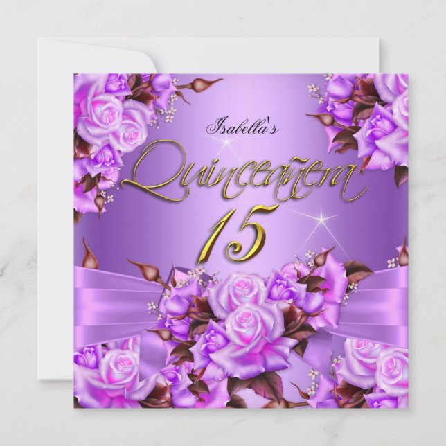 Quinceanera Birthday Party Purple Pink Rose Bow Invitation (Front)