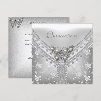 Quinceanera Birthday Party Silver White Butterfly Invitation