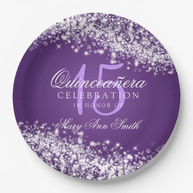 Quinceanera Birthday Party Sparkling Wave Purple Paper Plate (Front)