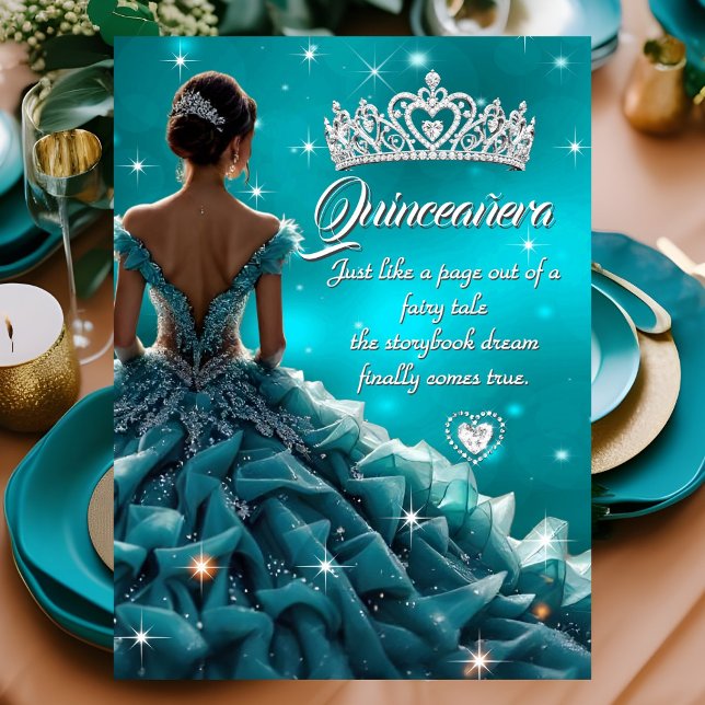 Quinceanera Birthday Party Teal Silver Dress Tiara Invitation (Creator Uploaded)