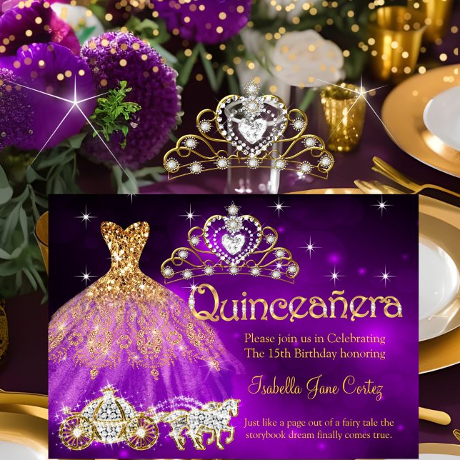 Quinceanera Birthday Purple Dress Tiara Carriage Invitation (Creator Uploaded)