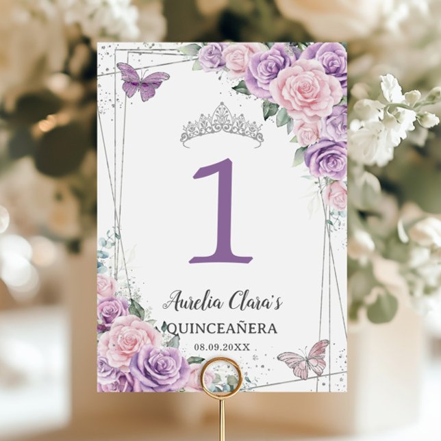 Quinceañera Birthday Purple Lilac Pale Pink Floral Table Number (Creator Uploaded)