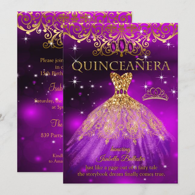 Quinceanera Birthday Purple Magenta Tiara Gold Invitation (Front/Back)