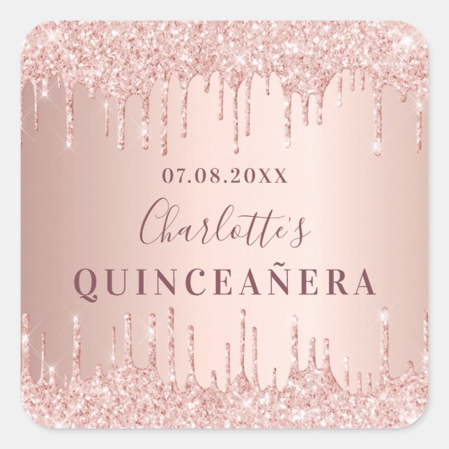 Quinceanera birthday rose gold glitter monogram square sticker (Front)