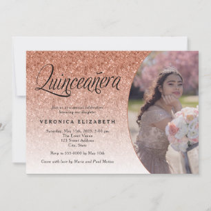 Quinceañera Birthday Rose Gold Glitter Photo Invitation