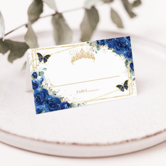 Quinceañera Birthday Royal Blue Floral Butterflies Place Card (Creator Uploaded)