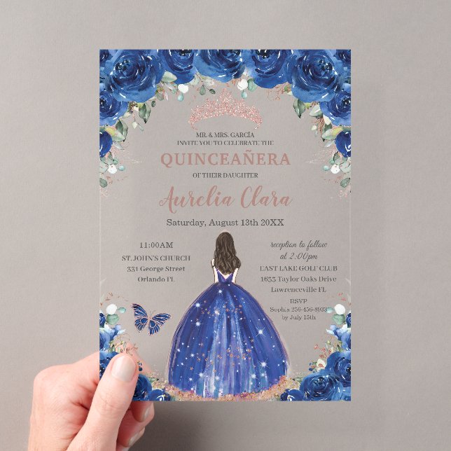 Quinceañera Birthday Royal Blue Floral Princess XV Acrylic Invitations (Insitu (Handheld))